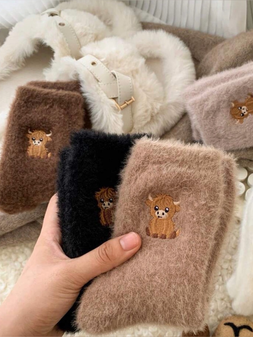 3 Pair Highland Cow FUZZY socks brown white pink women gift teen kid girls farm
